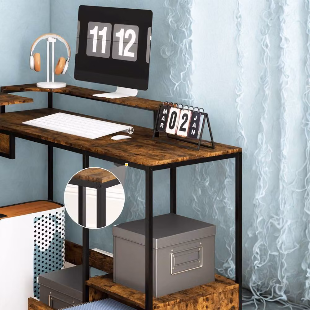 FURNOS Industrial L Shaped Corner Computer Desk with Storage in Brown and Black, W/D/H: 137.5 x 110 x 76.5 cm – 4