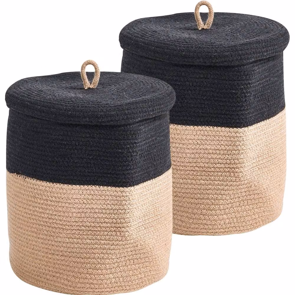 Wyld and Coco Set of 2 Cotton Laundry Baskets with Lids in Black and Beige – 2