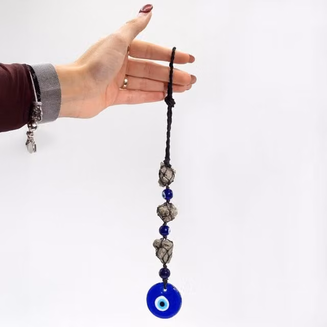 KDMK Blue Evil Eye Pyrite Stone and Glass Round Geometric Boho Hanging Pendant