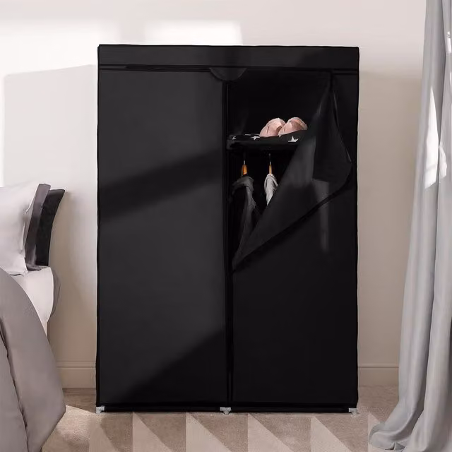 OHS Modern Black Fabric and Metal Double Canvas Wardrobe with Hinged Doors and Hanging Rod