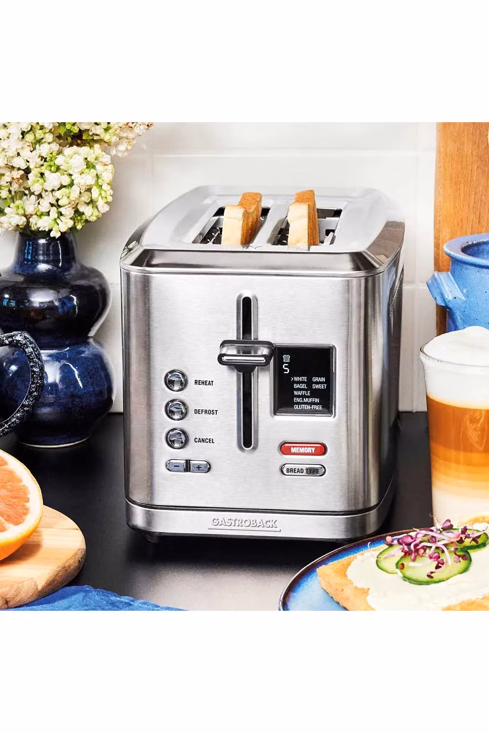 Gastroback Design Digital 2-Slice Stainless Steel Toaster in Silver with Digital Display and Cable Storage – 2