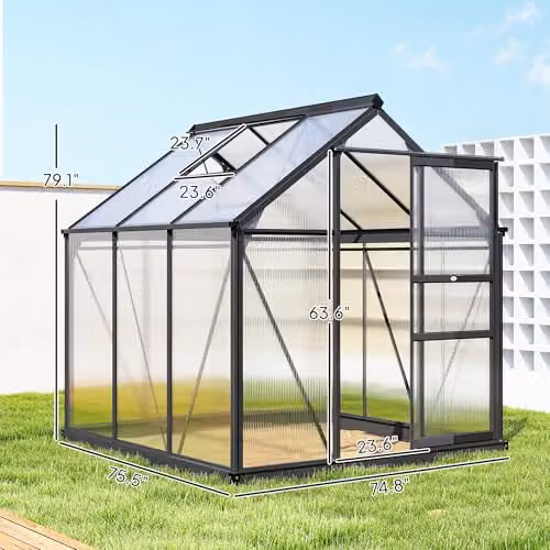 Outsunny Polycarbonate and Aluminium Walk-In Garden Greenhouse with Sliding Door and Window, Grey and Transparent, H: 190 cm – 6