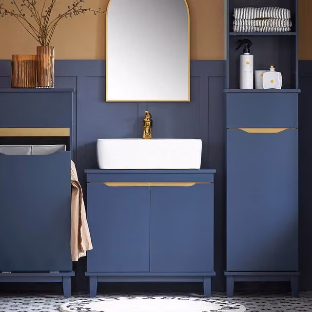 SoBuy Narrow Under Sink Bathroom Storage Unit with 2 Hinged Doors in Dark Blue