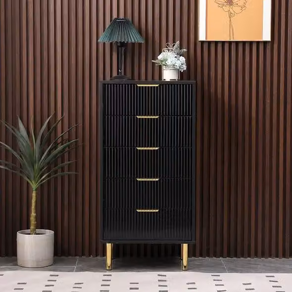 MMT Furniture Designs Moderna Black Gloss 5 Drawer Chest of Drawers with Gold Accents – 3