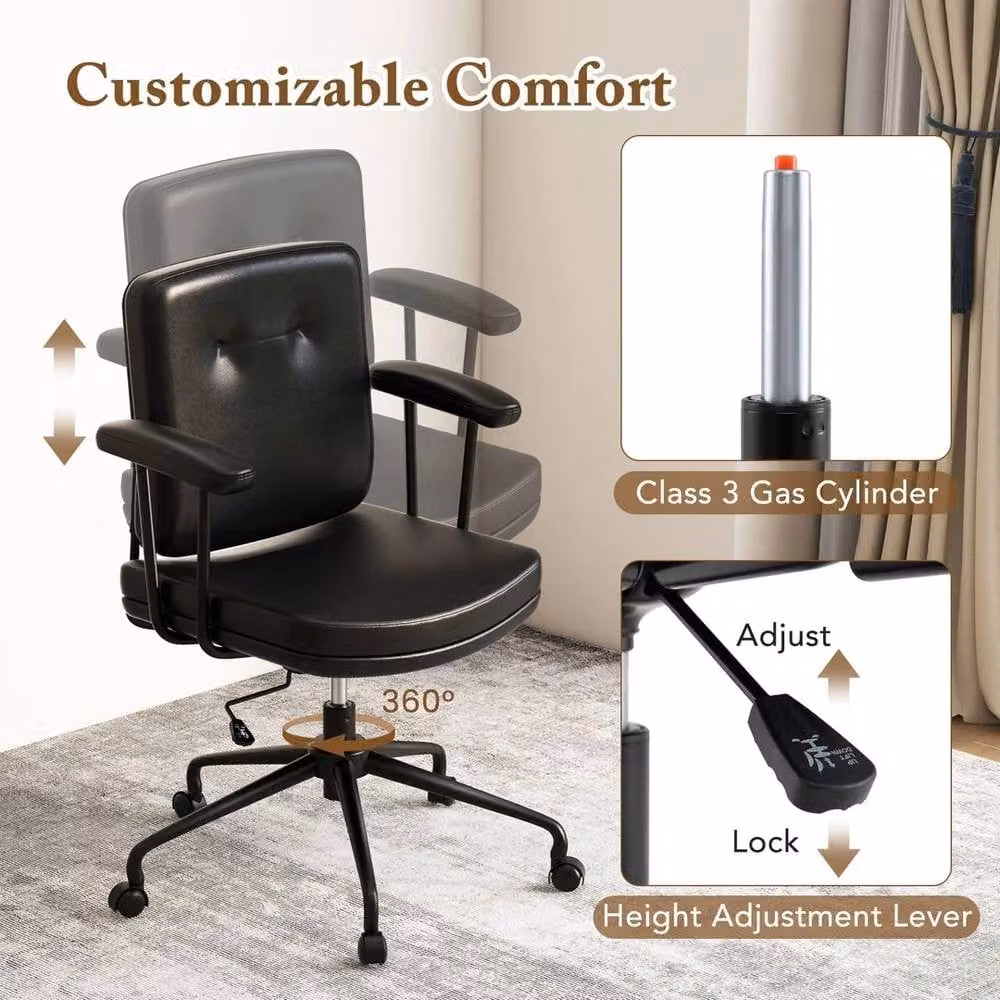 VOGREX Black Synthetic Leather Mid-Century Task Chair with Armrests and 360 Degree Swivel – 3