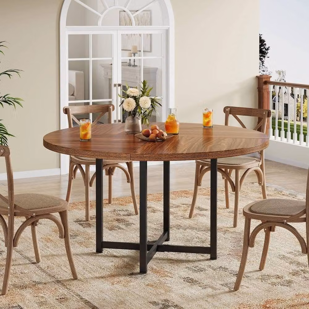 VOGREX Modern Round Dining Table in Brown and Black, Diameter: 120 cm – 2