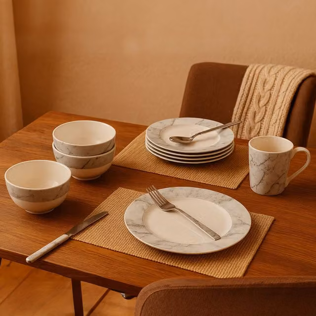 Orsina 16 Piece White and Grey Marble Effect Porcelain Dinner Set – 1