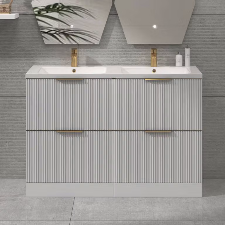 Royal Bathrooms Evora 1200mm Matt White Fluted Floor Standing 4 Drawer Vanity Unit with Ceramic Basin and Brushed Brass Handles