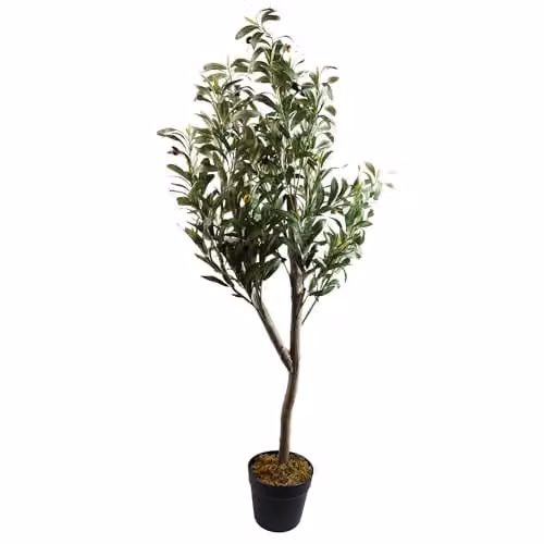 Leaf Design UK 120cm Artificial Natural Look Olive Tree with Wooden Trunk in Green and Black Plastic Pot