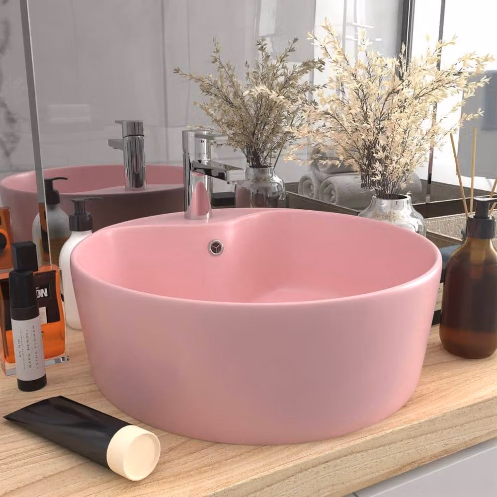 Berkfield Home Luxury Ceramic Round Countertop Wash Basin with Overflow, Matt Pink, W: 36 cm, D: 13 cm, H: 13 cm – 2