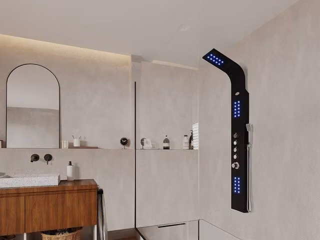 SHOWER&DESIGN Thermostatic LED Hydro-Massage Shower Column in Matt Black, W/D/H: 20 x 20 x 165 cm – 1