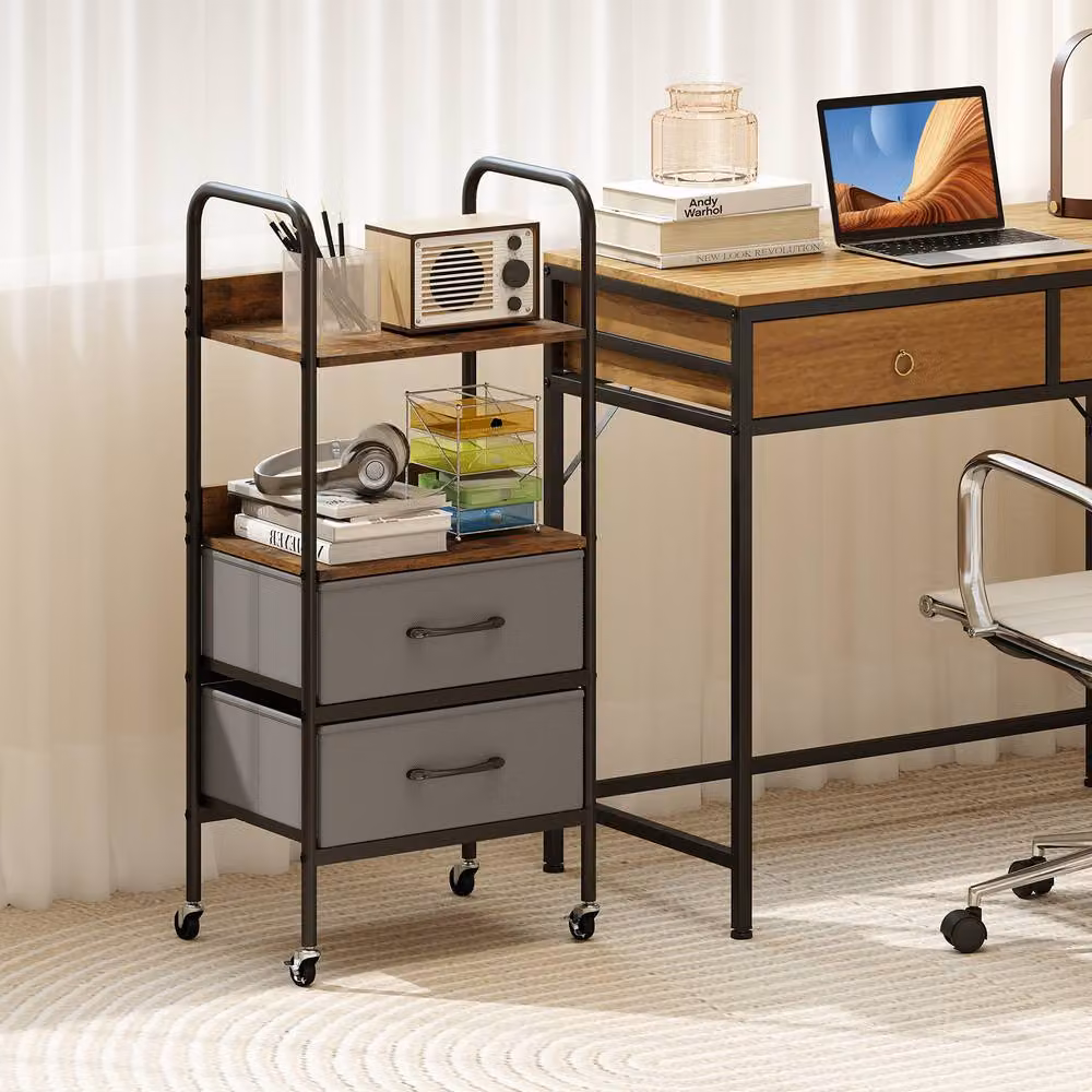 Costway Rolling Utility Storage Cart and Mobile Printer Stand with Shelves and Drawers in Brown – 6