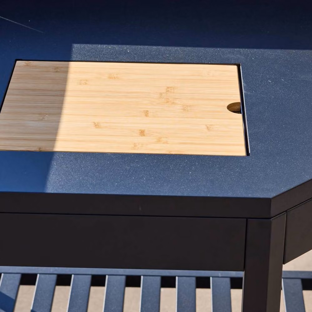 sweeek Modern Outdoor Kitchen Corner Module in Black Steel with Ice Bucket and Wooden Board – 5