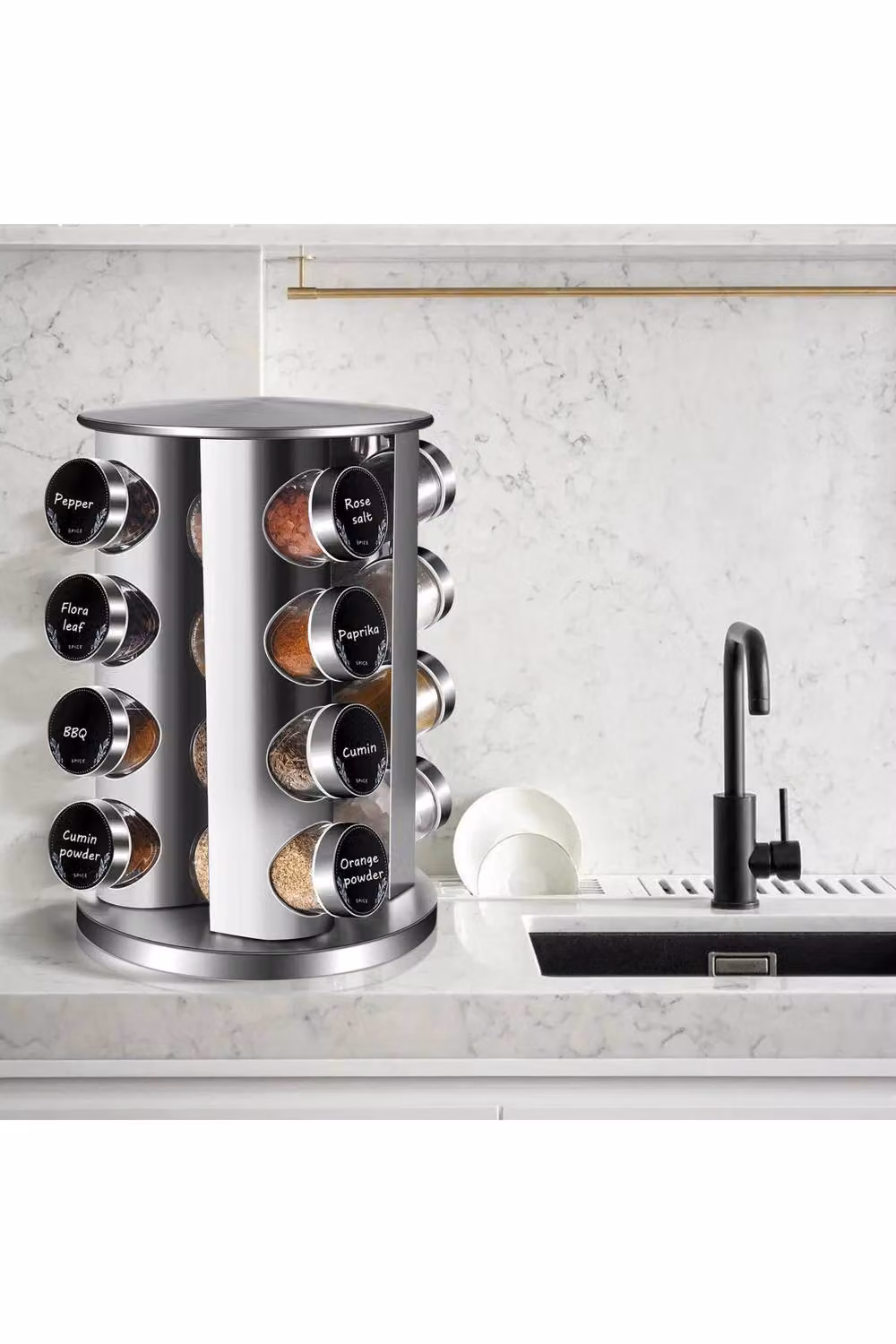 Dyzi 5 Tier Stainless Steel 360 Degree Rotating Spice Rack in Silver with 20 Jars – 2
