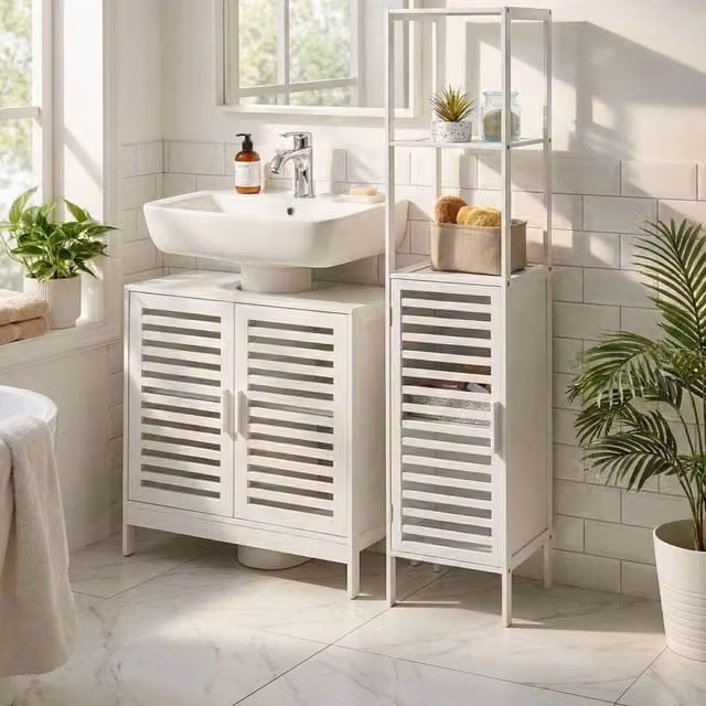 Wyld and Coco White Bamboo Free Standing Bathroom Shelving Unit with Hinged Doors and Open Shelves – 1