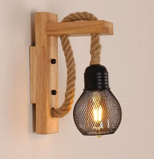 COMELY Industrial Wooden Wall Lights with Hemp Rope and E27 Socket in Black and Multicolour