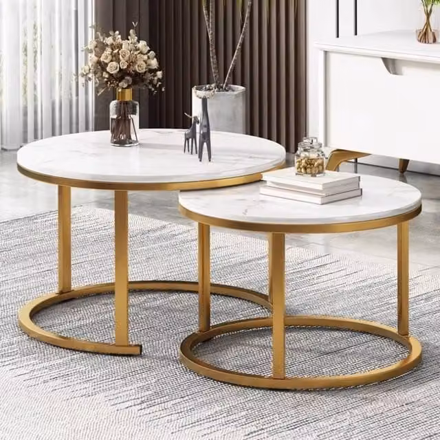 VOGREX White Round Nesting Coffee Table Set of 2 with Glossy Wood Tops and Sled Base