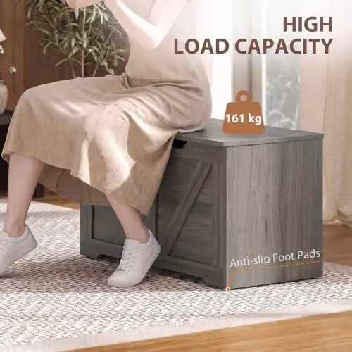 HOMCOM 100L Storage Chest with Safety Hinge in Grey Wood-Effect, W/D/H: 80 x 40 x 45 cm – 5