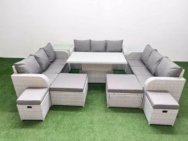 Fimous 8 Piece Garden Dining Set with Rising Table and High Back Inclining Sofas in Light Grey