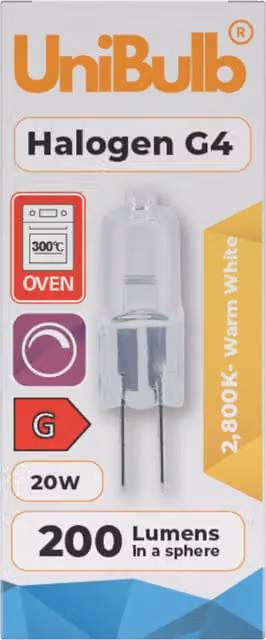 UniBulb G4 Halogen Capsule Bulb, 20W, 200lm, 2800K Warm White
