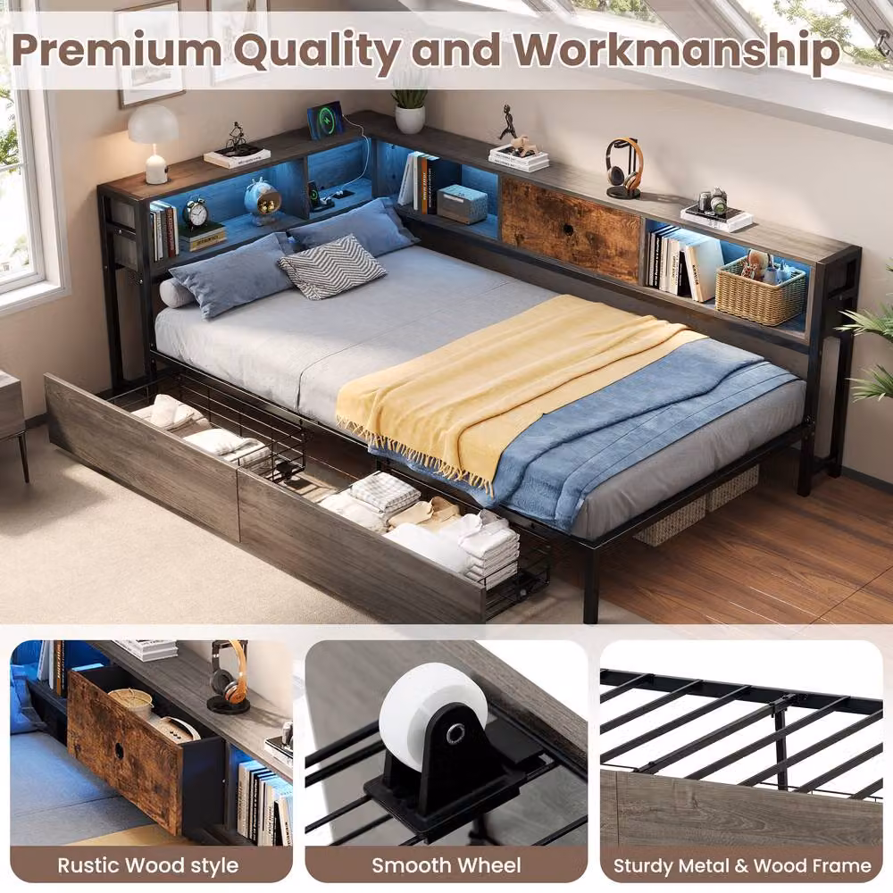 ModernLuxe Single Bed Frame in Brown with LED Lighting, USB Charging Port, Drawers and L-Shaped Storage Headboard, W/D/H: 90 x 190 x 111 cm – 8