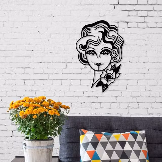 Decortie Woman in Flowers Metal Wall Art Portrait, Black, H 127.0 cm x W 83.82 cm