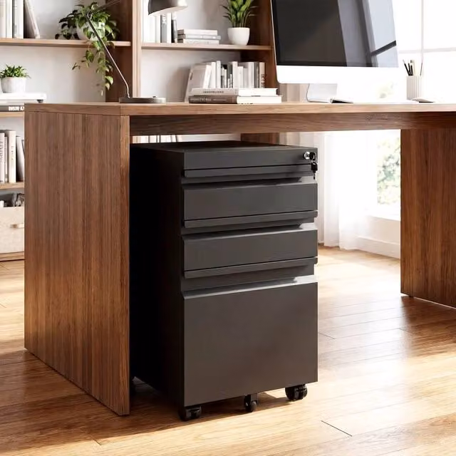 Kelvenix 3-Drawer Mobile File Cabinet in Black Metal with Lock and Castors