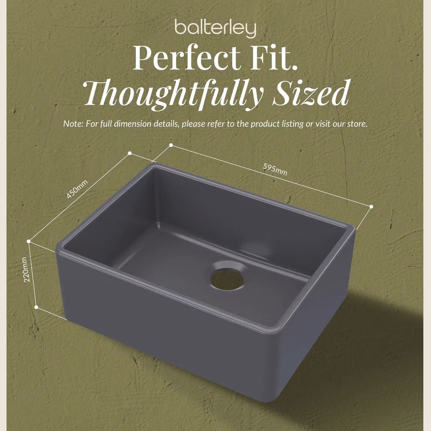 Balterley Ceramic 1 Bowl Butler Sink in Dark Grey, W: 59.5 cm, D: 45 cm – 3
