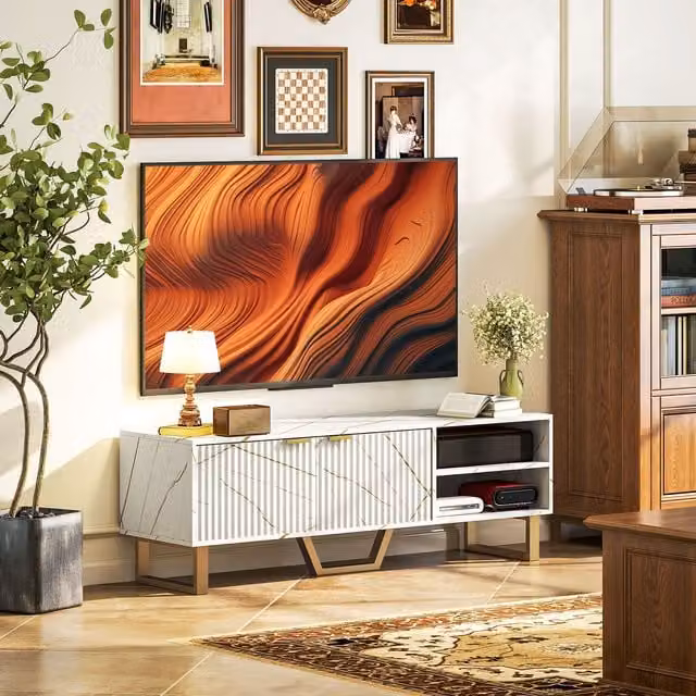 HOMCOM Modern White and Gold TV Unit with Shelves and Storage Cupboard – 1