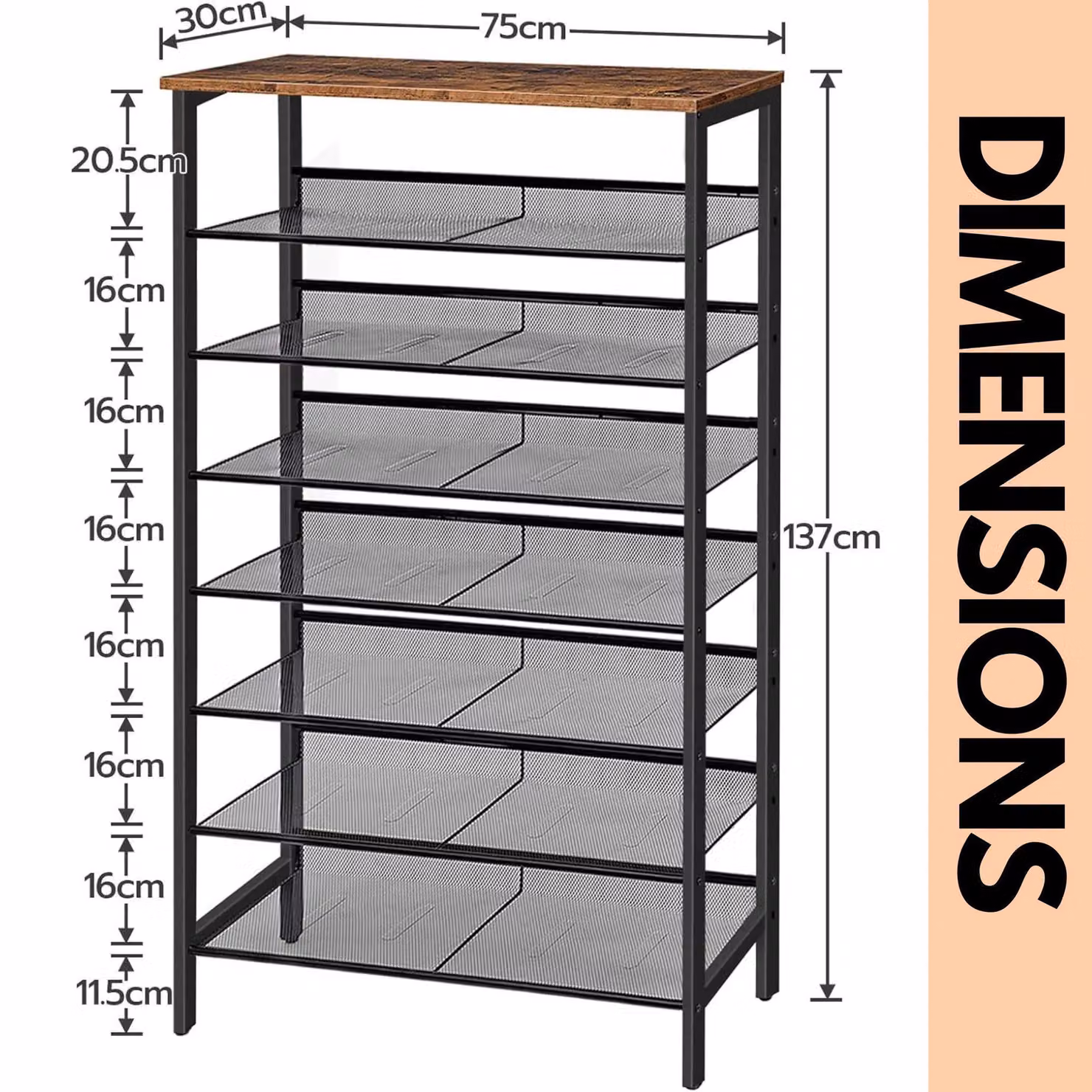 Rafaelo Mobilia Brown Industrial Shoe Rack with Adjustable Shelves, W/D/H: 75 x 30 x 137 cm – 2