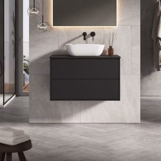 Banyetti Venti 800mm Wall Hung Vanity Unit with Matching Worktop, Matt Black
