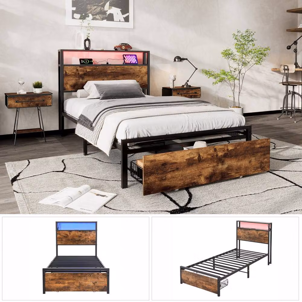 BTM Metal Bed with LED Under-Bed Lighting, USB Charging Ports and Storage Drawers in Walnut and Black, W/D/H: 140 x 200 cm – 9
