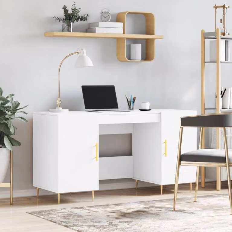 Berkfield Home Writing Desk in White and Gold, W/D/H: 140 x 50 x 75 cm