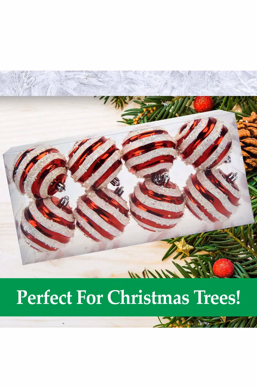VFM e-Store Red and White Striped Glass Baubles, Diameter: 8 cm (8 Pack) – 2