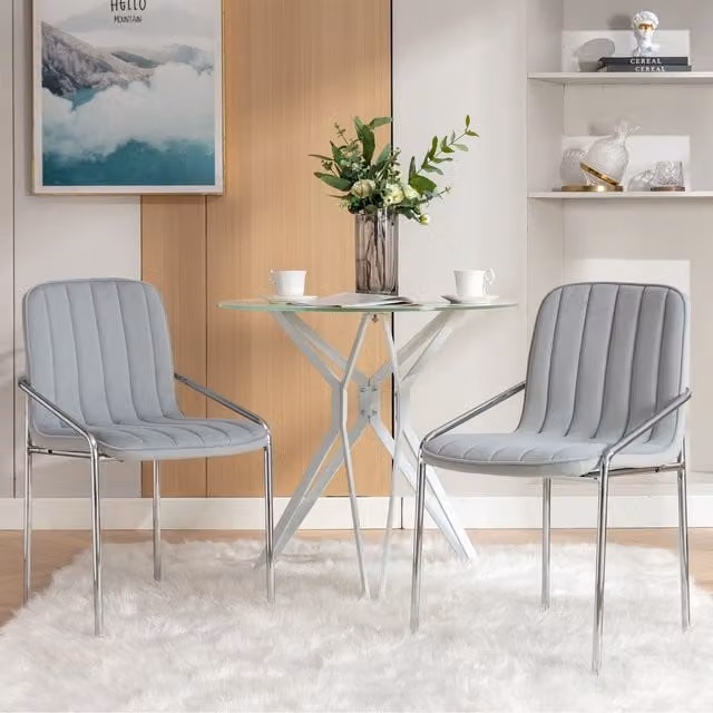 Home Touch Interiors Set of 6 Grey Velvet Upholstered Dining Armchairs with Silver Steel Armrests and Wood Accents