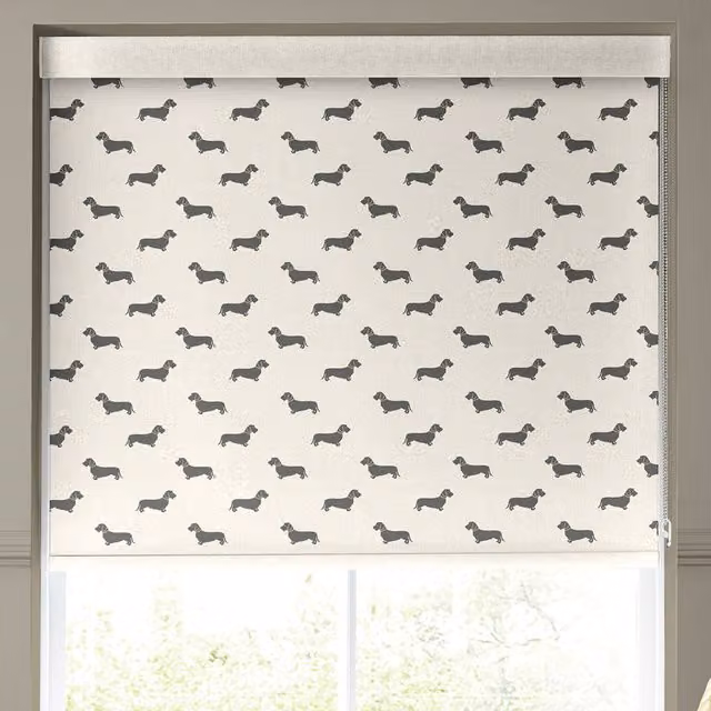 Emily Bond Basil Made to Measure Translucent Roller Blind in Pebble Grey and Beige