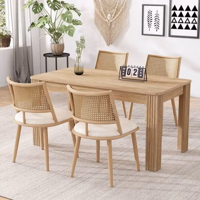 Matteo Set of 4 Beige Rattan and Synthetic Leather Dining Chairs with Retro Bamboo Design