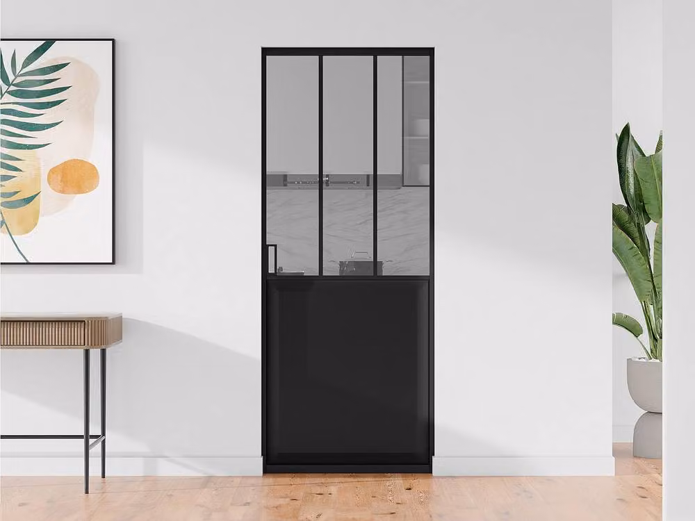 Vente-unique Sliding Studio-Style Pocket Door in Black and Silver with Tempered Glass, Height: 205 cm – 2