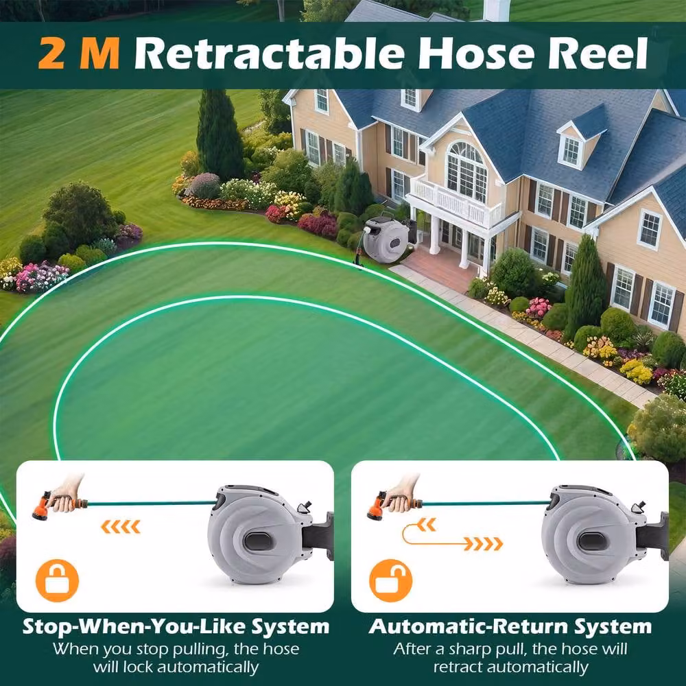 Gymax Grey Wall-Mounted Retractable Hose Reel with Auto-Rewind, 1/2 Inch, 20m + 2m – 7