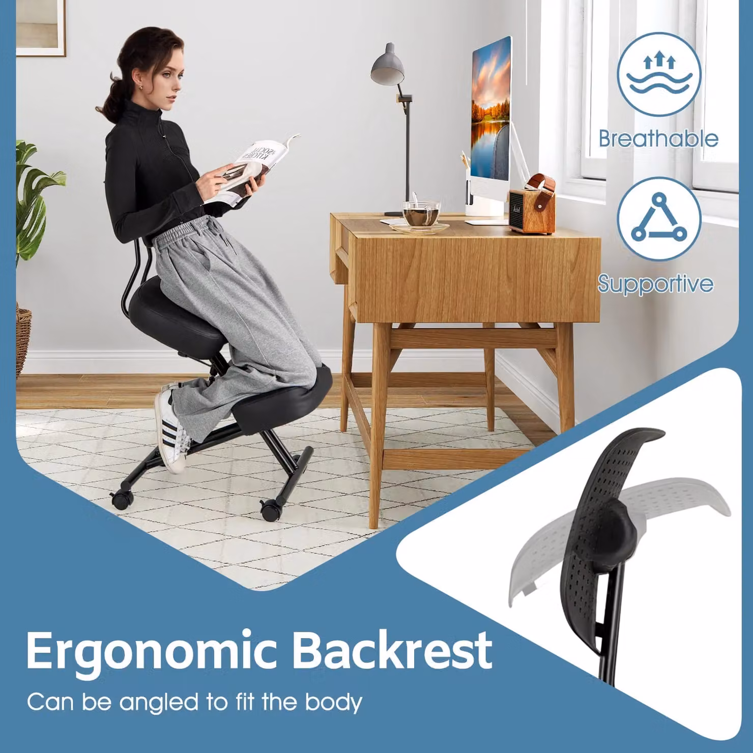 Costway Ergonomic Kneeling Chair with Back Support in Black – 7