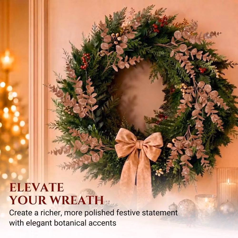 Shatchi Gold Glitter Artificial Eucalyptus Christmas Tree Picks, 12 Pack, Height: 55 cm – 6
