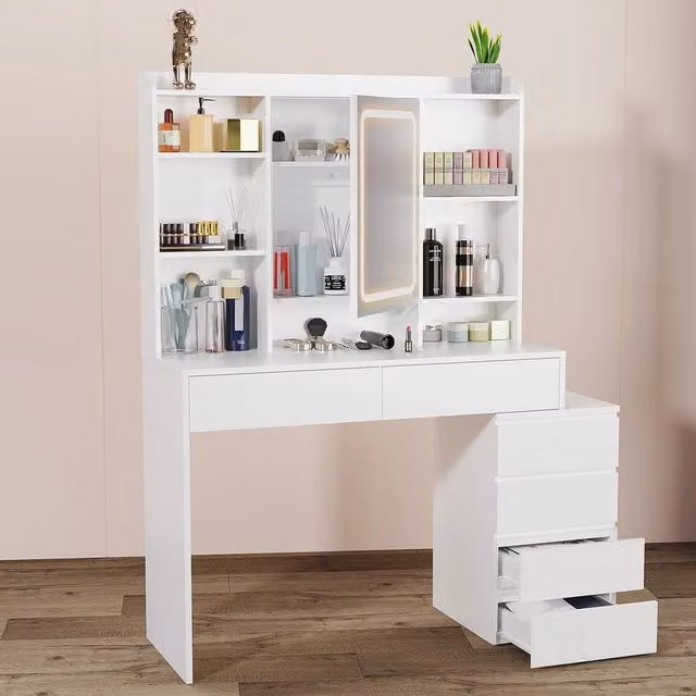 SPETLEK Dressing Table with 6 Drawers and LED Mirror Set in White – 1
