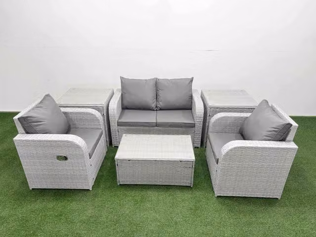 Fimous 4 Seater Grey PE Rattan Garden Furniture Set with 2 Seater Sofa, Lounge Armchair, Coffee Table and 2 Side Tables