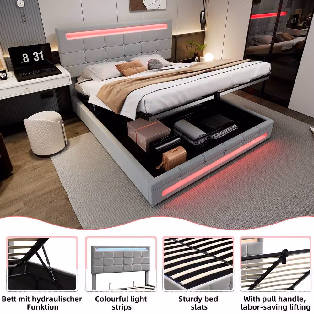 ModernLuxe Grey Velvet Double Ottoman Bed with LED Under-Bed Lighting and Headboard, W/D/H: 135 x 190 x 123 cm – 5