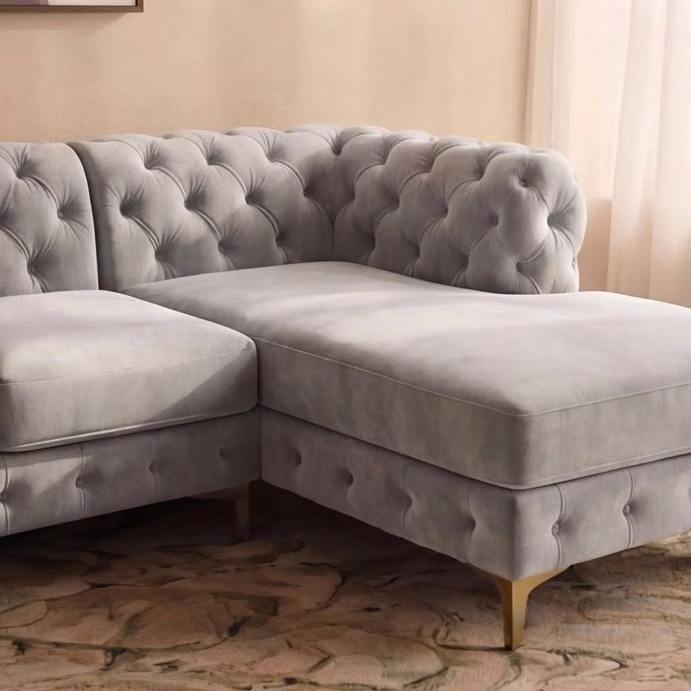 Sofaya Monaco Chesterfield 4 Seater L-Shaped Sofa in Light Grey Velvet with Right Hand Chaise – 3