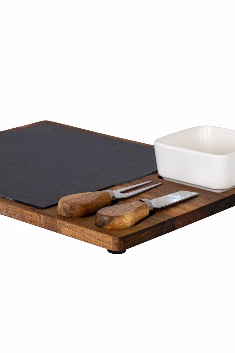KDMD Acacia Wood and Slate Rectangular Cheese Board Set with White Bowl and Cutlery in Brown – 2