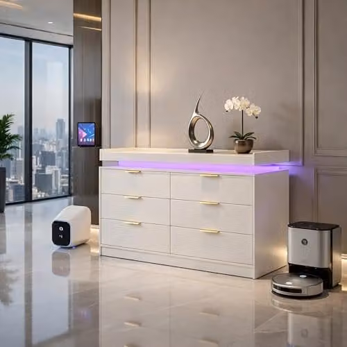Harmin Modern 6-Drawer White Chest with Integrated LED Lighting and Gold Handles, Width: 116 cm