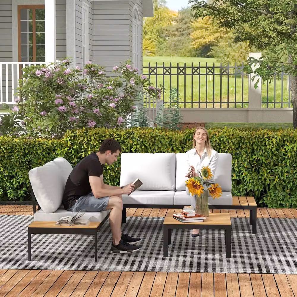 Wyld Haus Matuki Teak Wood 4 Seater Modular Garden Corner Sofa Set with 2 Coffee Tables in Grey and Black – 7