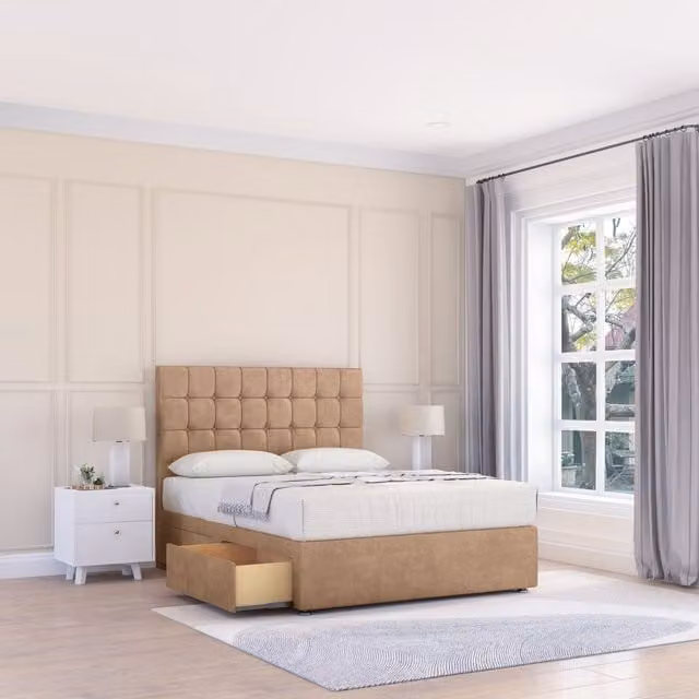 Sloomy Alabama Upholstered Divan Bed Base with 2 Drawers and Floor Standing Headboard, Light Beige, W/D/H: 200 x 200 cm