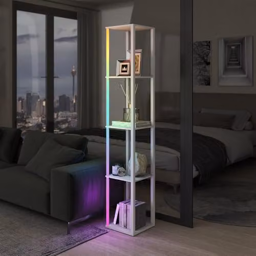 HOMCOM RGB LED Floor Lamp with Shelves in White, Dimmable with Remote Control – 5